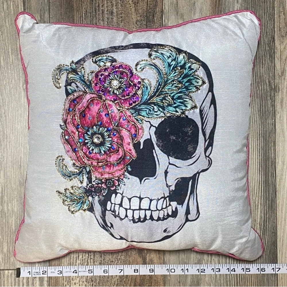Embroidered and Bead Embellished Skull Decorative Pillow with Floral Design